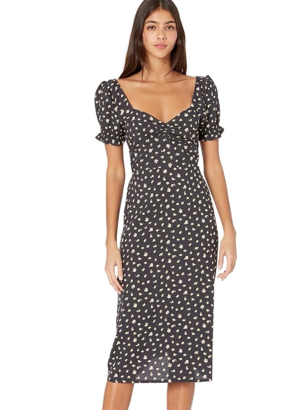 Billabong Love Letters Blk Midi Dress Puff Sleeves Sweetheart Neckline Sz Large - Picture 3 of 10